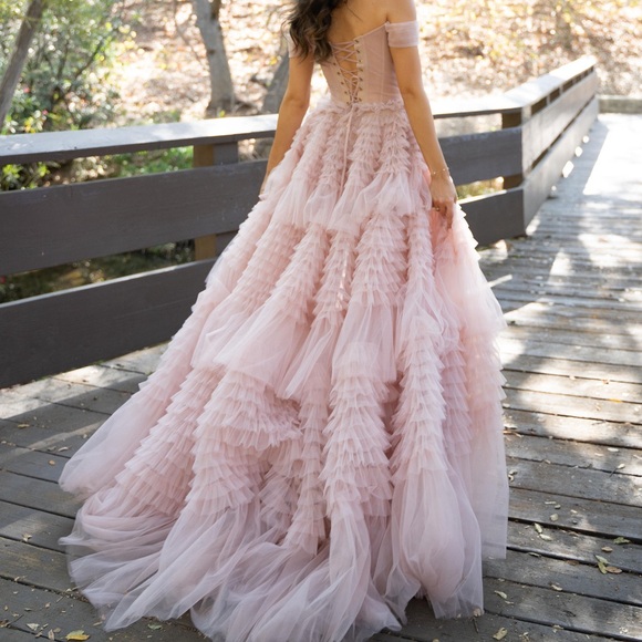 Misty Rose Off-The-Shoulder Frill-Layered Gown - Picture 5 of 8